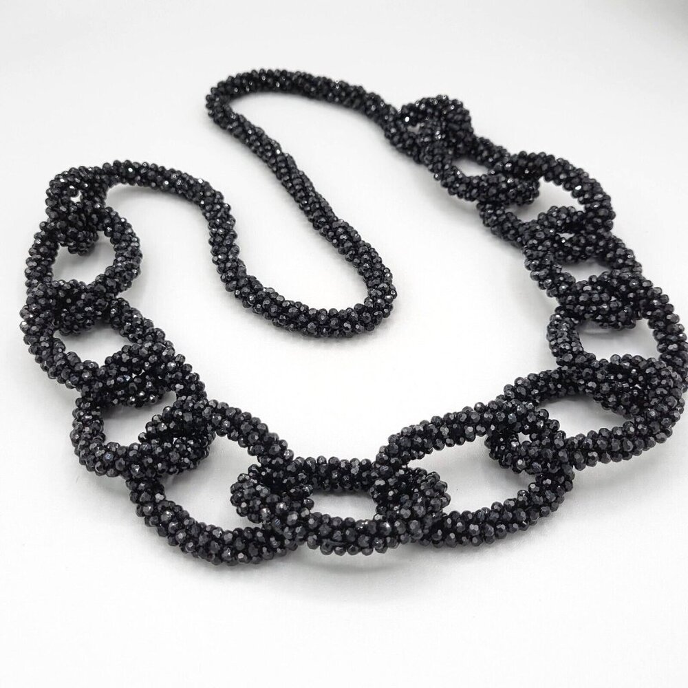 Black Round Faceted Crystal Glass Beaded Loop Chunky Long Necklace 40"